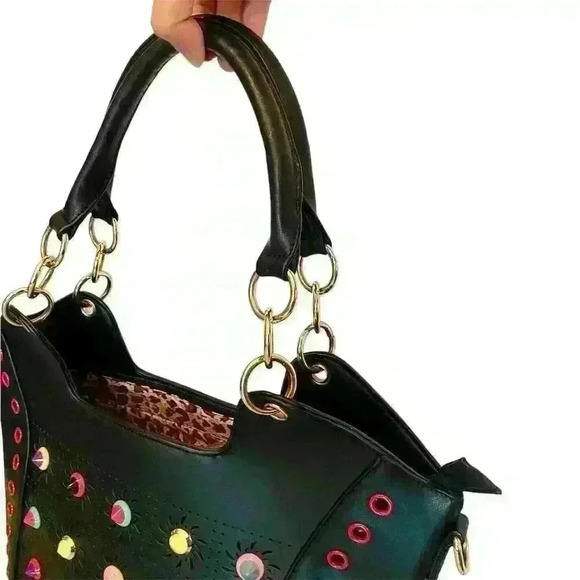 Black  Tote Bag Faux Leather Colorful Studs & Grommet Details, Large 80s Rock - Picture 8 of 16